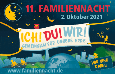 Werbebild von der 11. Familiennacht. Grafische Darstellung von Berlin und Familien im Mondschein.